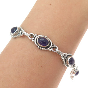 925 Sterling Silver Vintage Real Cabochon Amethyst Bracelet 6.5-7.5"