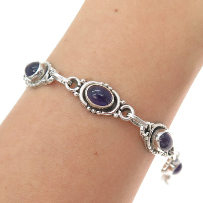 925 Sterling Silver Vintage Real Cabochon Amethyst Bracelet 6.5-7.5"