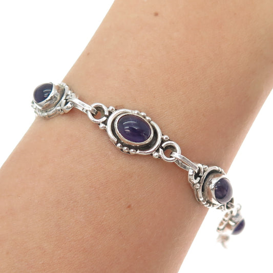 925 Sterling Silver Vintage Real Cabochon Amethyst Bracelet 6.5-7.5"