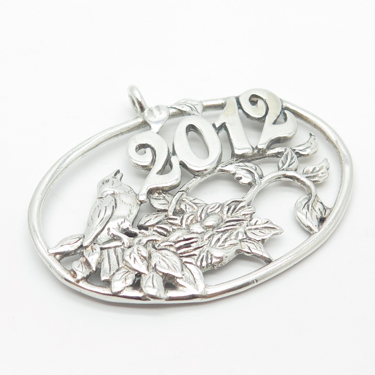 925 Sterling Silver Vintage "2012" Bird Leaf Christmas Tree Ornament