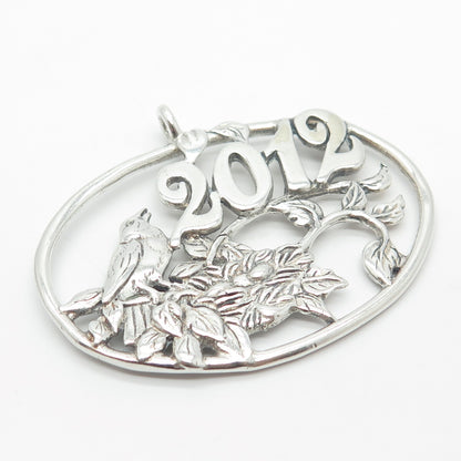 925 Sterling Silver Vintage "2012" Bird Leaf Christmas Tree Ornament