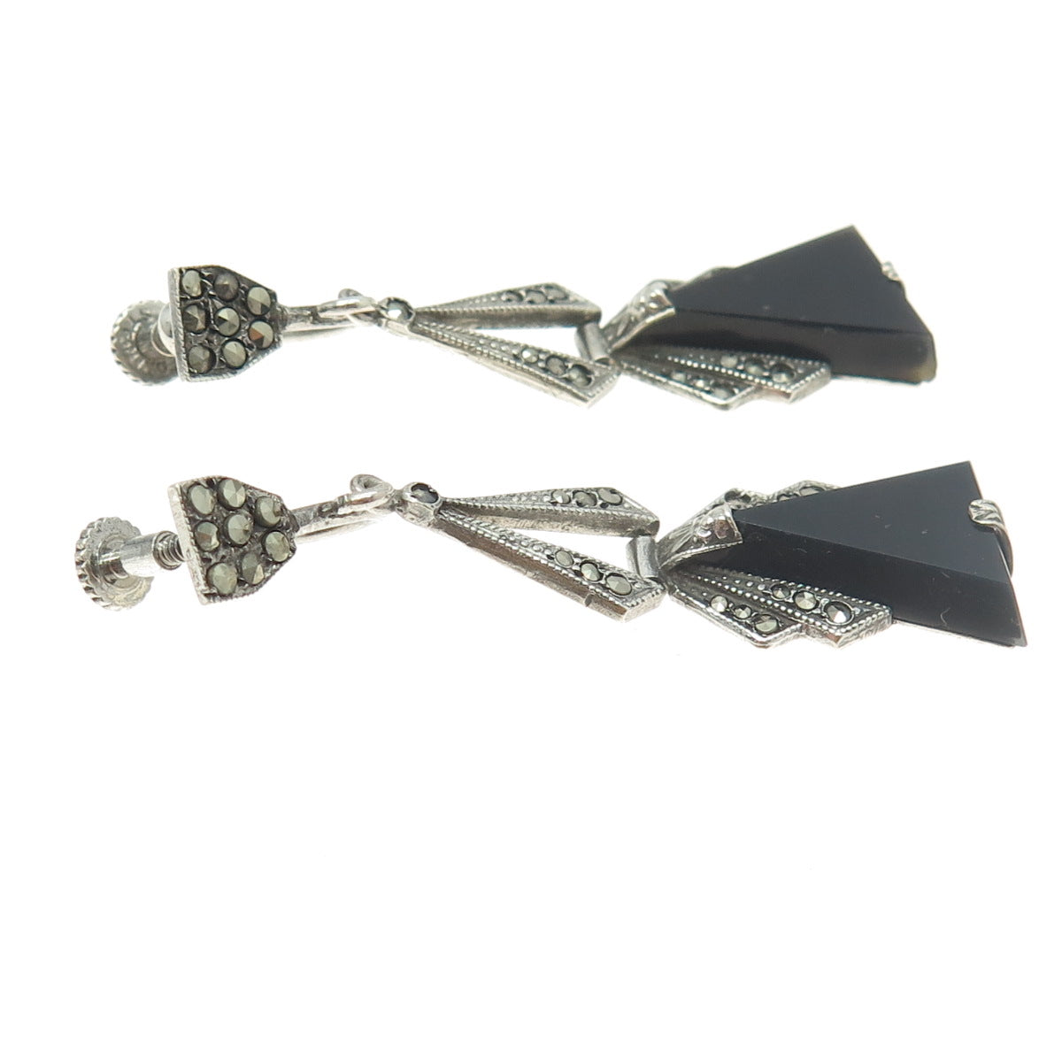 925 Sterling Silver Antique Art Deco Real Onyx & Marcasite Screw Back Earrings