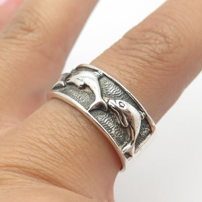 925 Sterling Silver Vintage Friendly Dolphin Band Ring Size 10