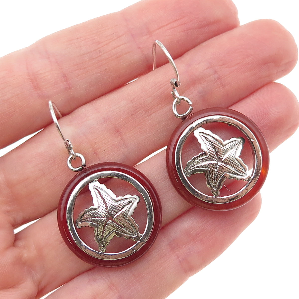 925 Sterling Silver Vintage Real Carnelian Starfish Dangle Earrings