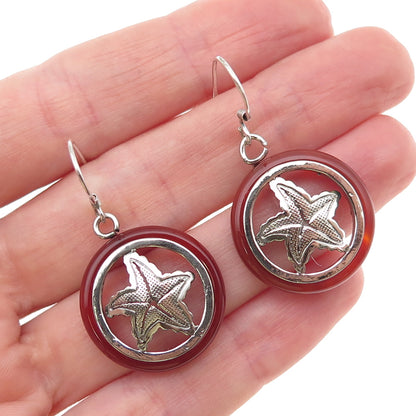 925 Sterling Silver Vintage Real Carnelian Starfish Dangle Earrings