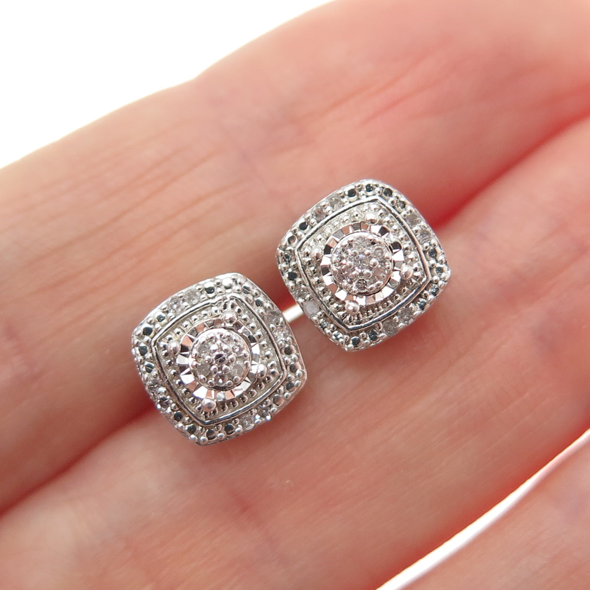 925 Sterling Silver Real Round-Cut Diamond Stud Earrings