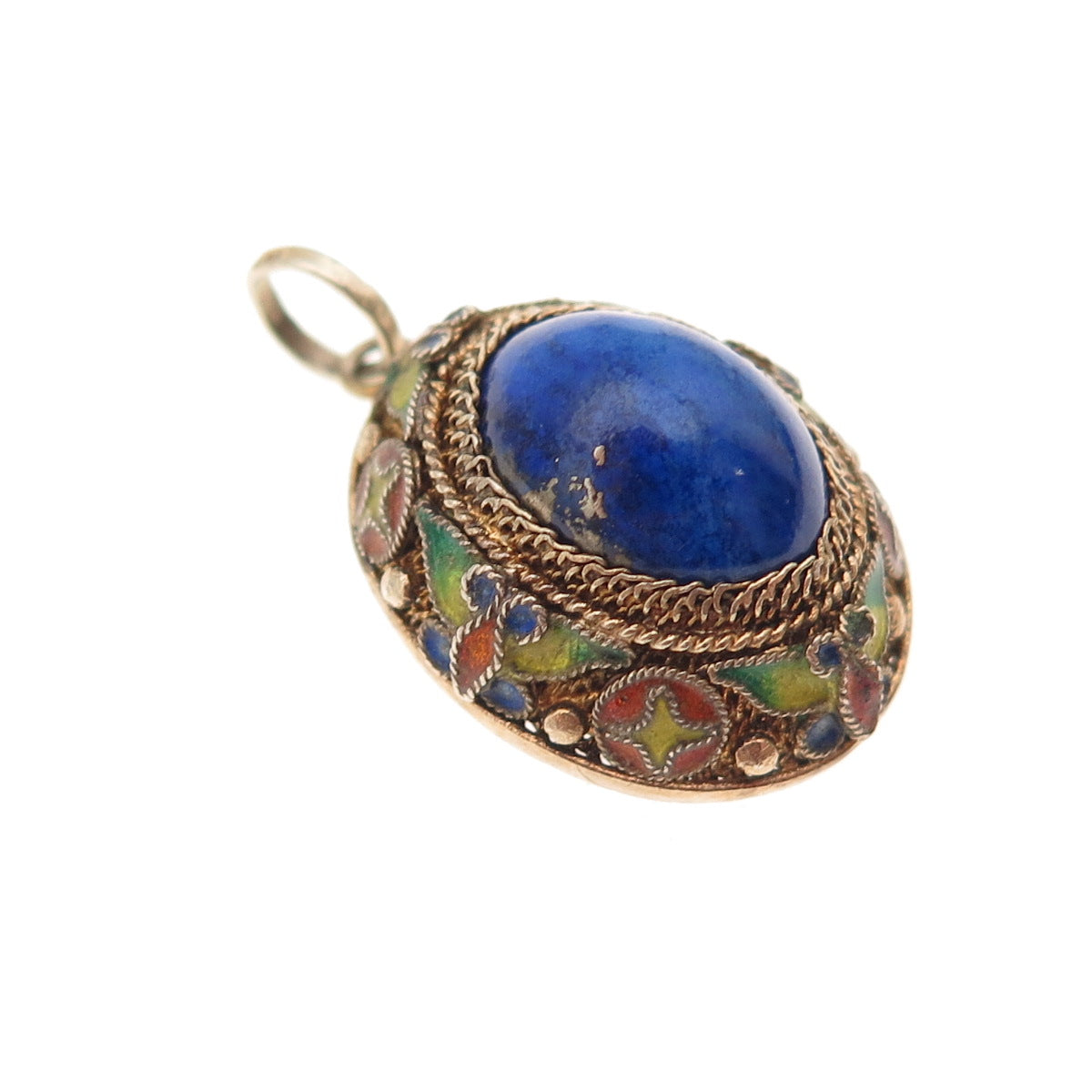 925 Sterling Silver Gold Plated Vintage Enamel Real Lapis Floral Charm Pendant