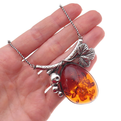 925 Sterling Silver Vintage Real Amber Modernist Floral Bar Chain Necklace 24"
