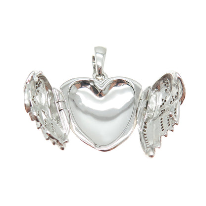 925 Sterling Silver Real Round-Cut Diamond Angel Wing Heart Locket Pendant