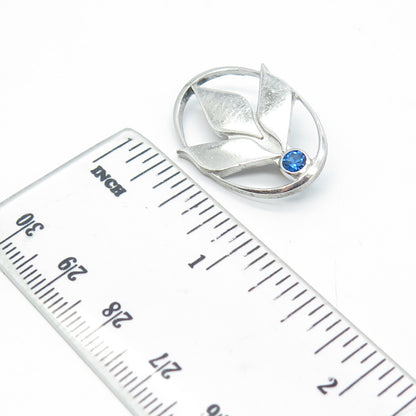 925 Sterling Silver CTO Vintage Blue C Z Floral Oval Pin Brooch