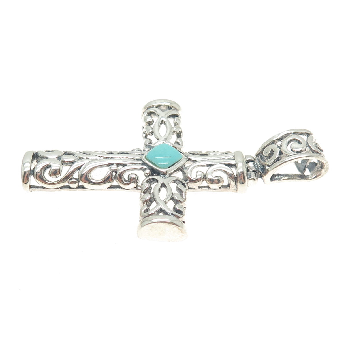 925 Sterling Silver Vintage Sleeping Beauty Turquoise Gem Ornate Cross Pendant