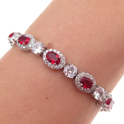 925 Sterling Silver Oval-Cut Red & Round-Cut White C Z Bracelet 7.25"