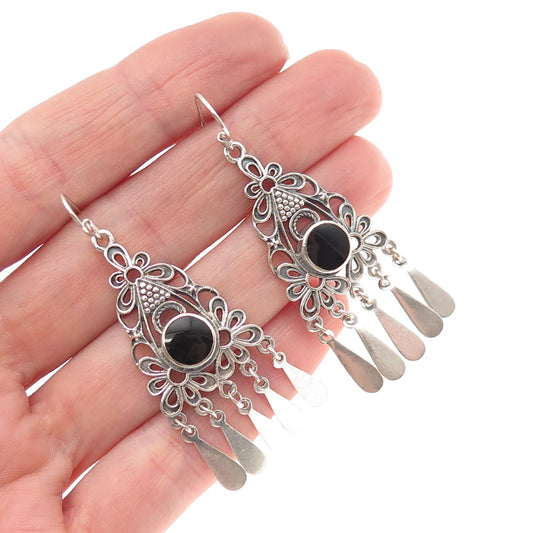 925 Sterling Silver Vintage Real Black Onyx Floral Oxidized Dangle Earrings