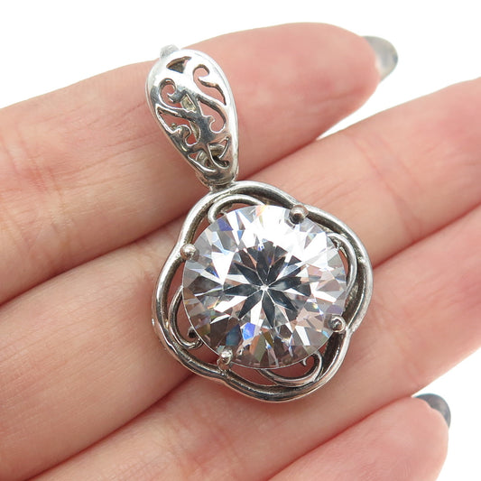 925 Sterling Silver Vintage Round-Cut White C Z Floral Pendant