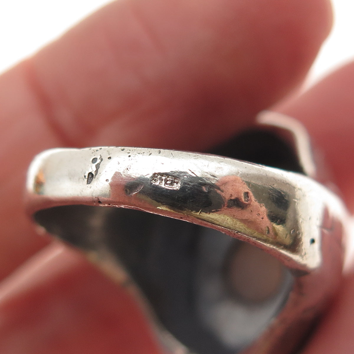 925 Sterling Silver Antique Art Deco Real Agate Oxidized Ring Size 9.75