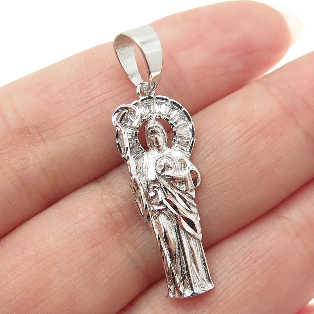 DM 925 Sterling Tapered Baguette-Cut Shaped C Z St. Jude Religious Pendant