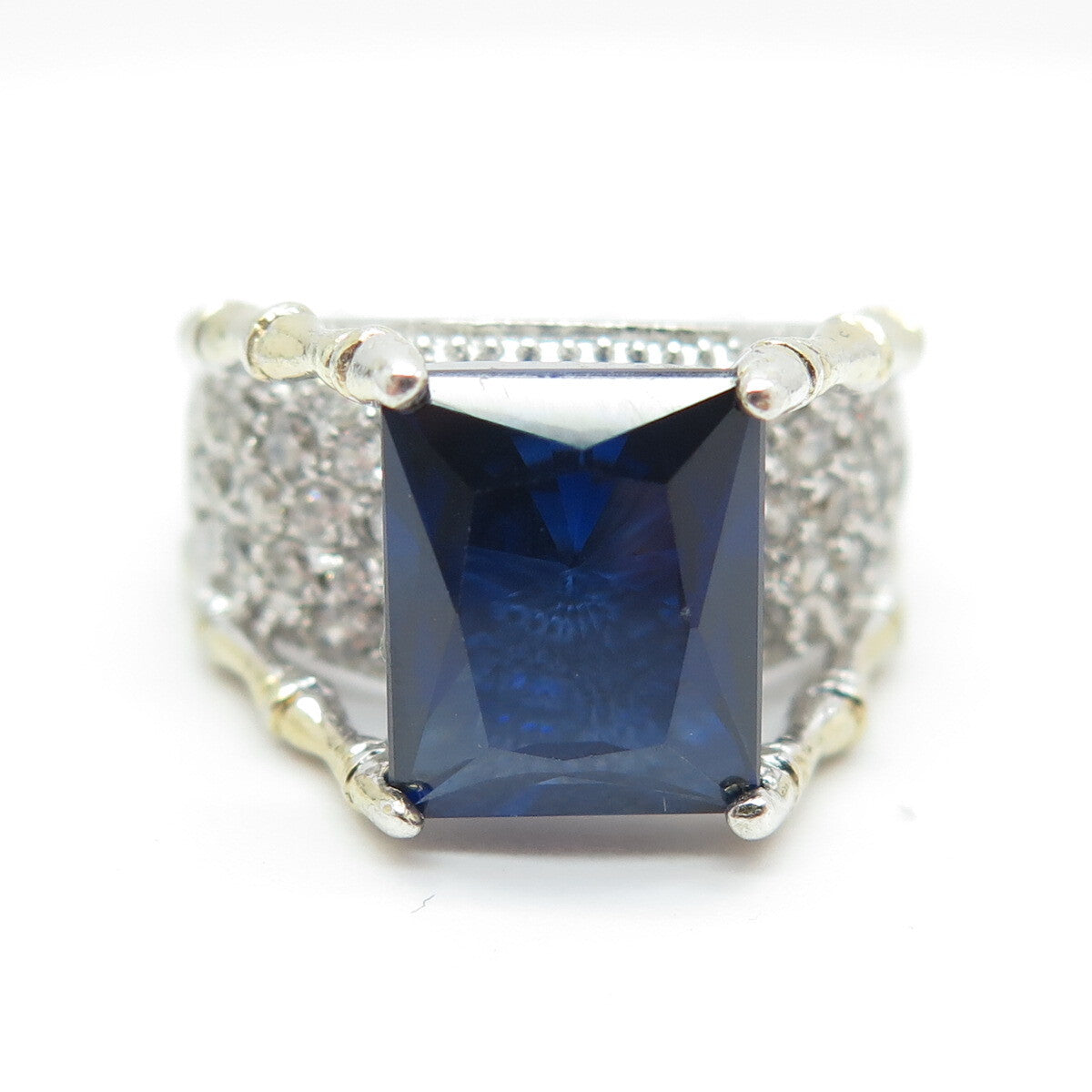FADI 925 Sterling Silver Lab-Created Sapphire & C Z Bamboo Ring Size 7