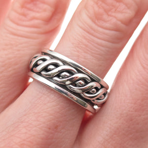 925 Sterling Silver Vintage Braided Oxidized Rotating Band Ring Size 8.25