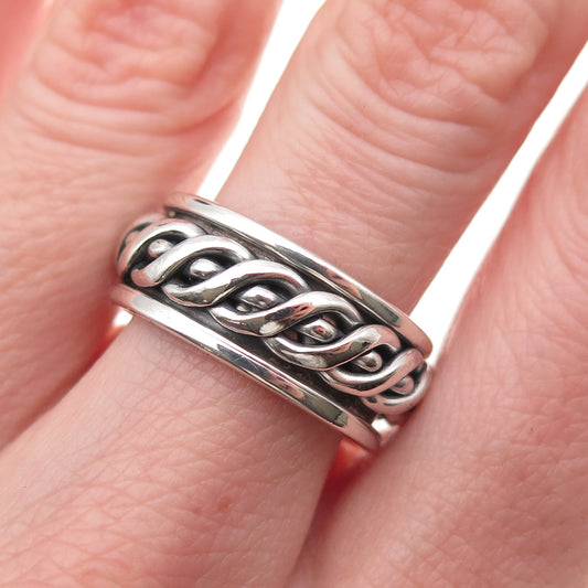 925 Sterling Silver Vintage Braided Oxidized Rotating Band Ring Size 8.25