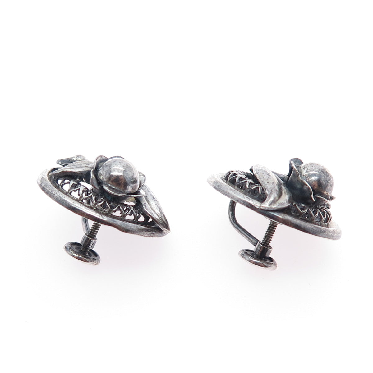 DANECRAFT 925 Sterling Silver Vintage Flower Oxidized Screw Back Earrings