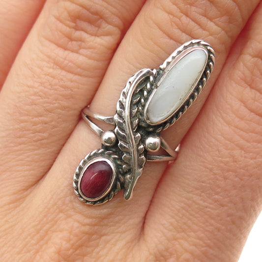 Old Pawn 925 Sterling Silver Vintage Southwestern Coral & MOP Ring Size 6.5