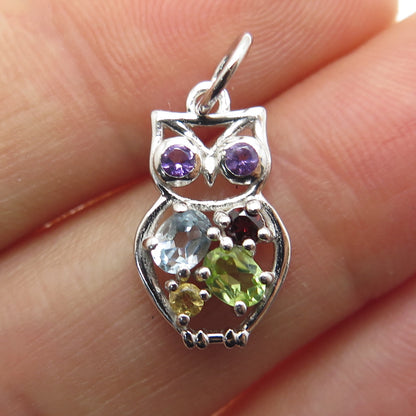 HAN 925 Sterling Silver Topaz Amethyst Peridot Citrine & Garnet Owl Mini Pendant