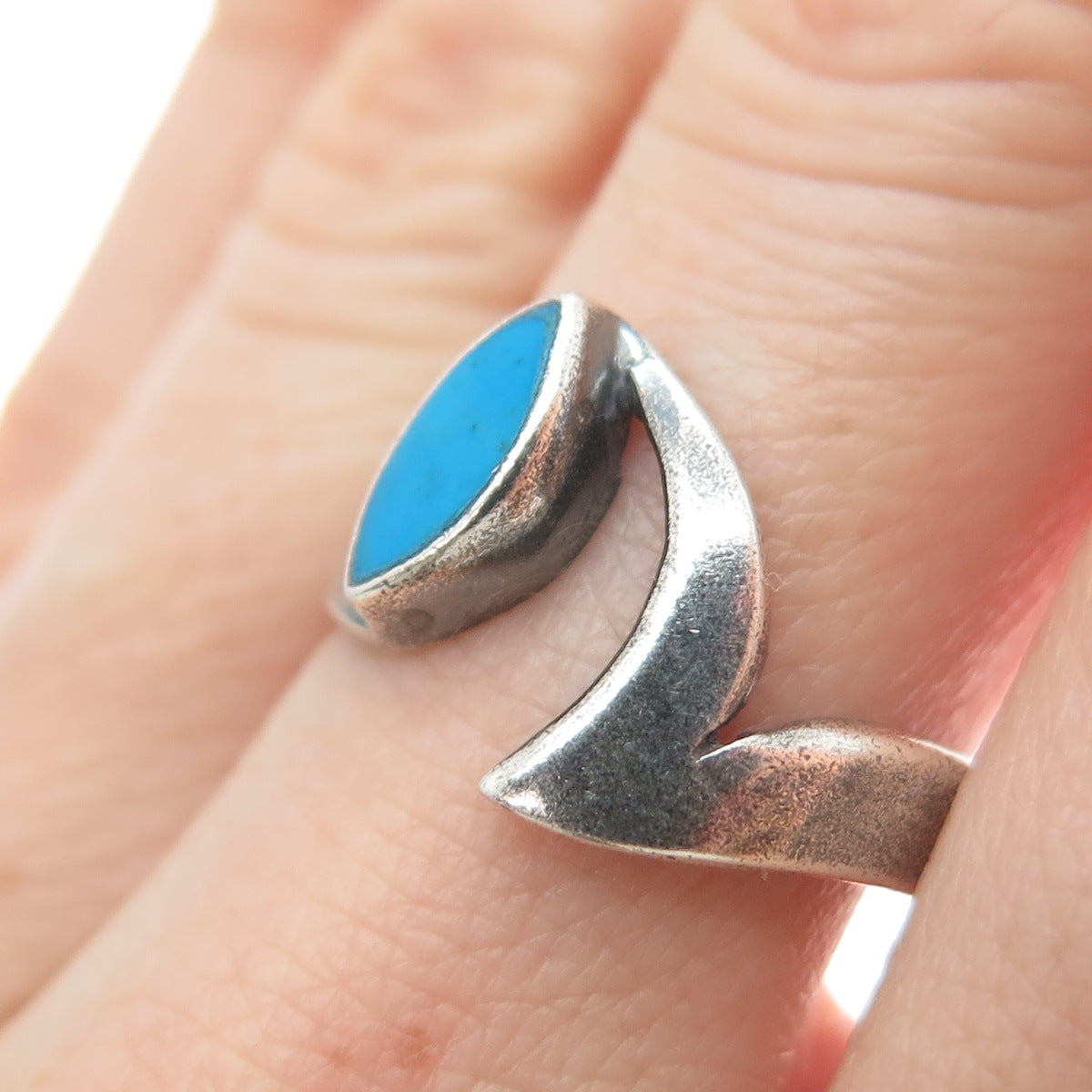 925 Sterling Silver Vintage Real Bisbee Turquoise Modernist Ring Size 7.5