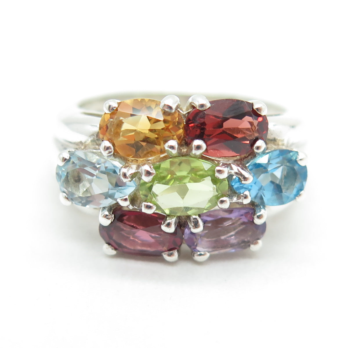 925 Sterling Silver Vintage Topaz Amethyst Citrine Peridot & Garnet Ring Size 6