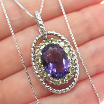 FADI 925 Sterling Silver Real Amethyst & Peridot Box Chain Necklace 18"