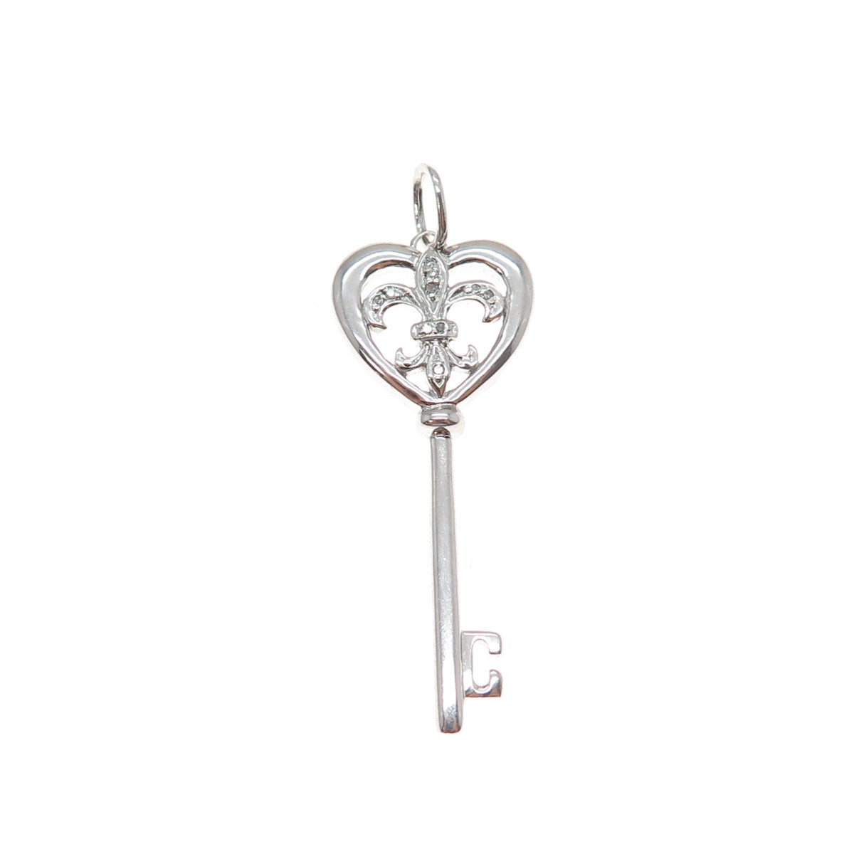 925 Sterling Silver Real Round-Cut Diamond Fleur de Lis Key Charm Pendant
