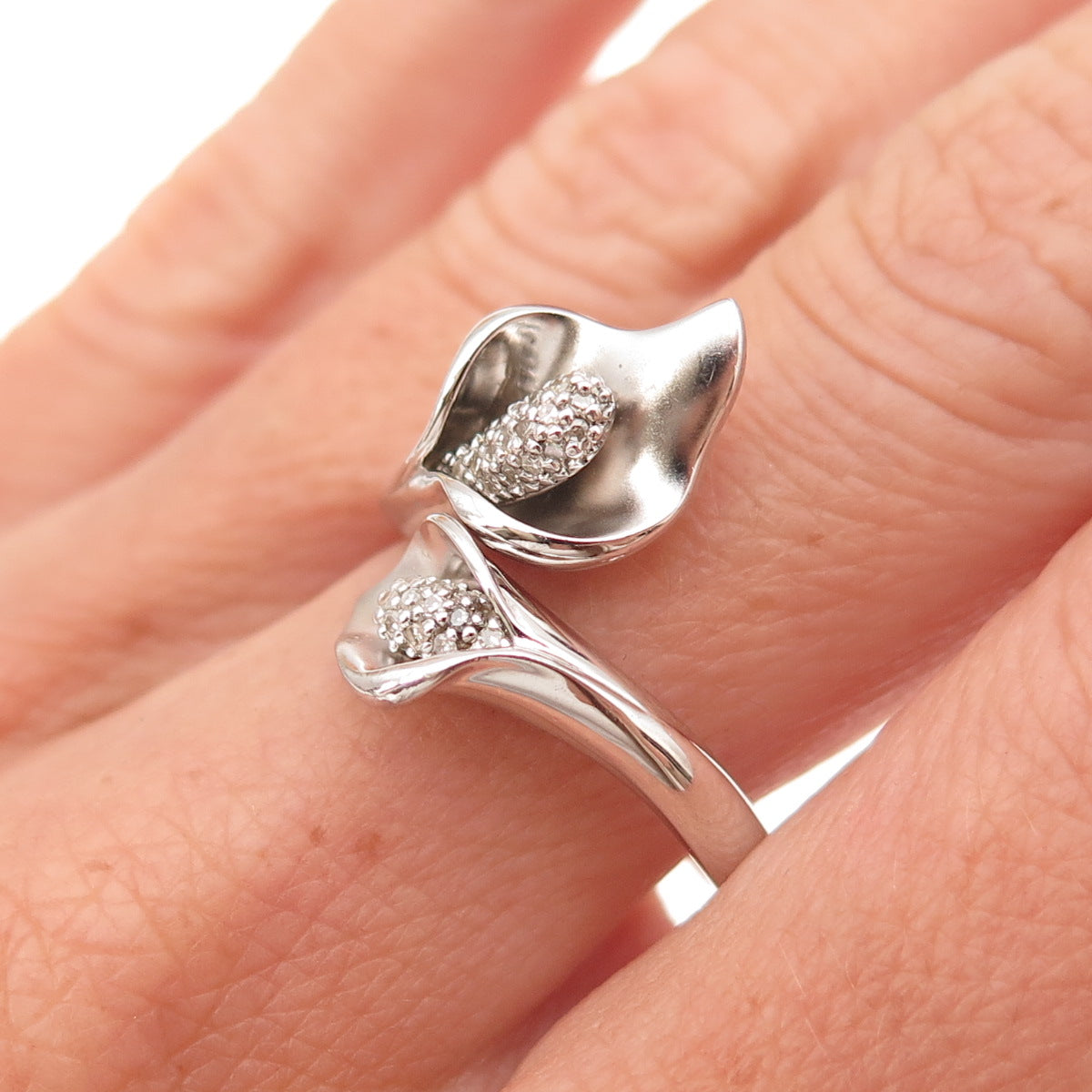 925 Sterling Silver Real Diamond Calla Lily Adjustable Ring Size 8.25