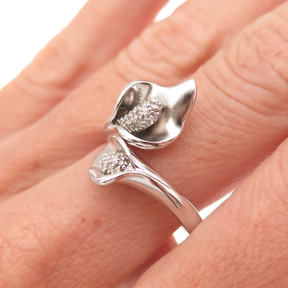925 Sterling Silver Real Diamond Calla Lily Adjustable Ring Size 8.25