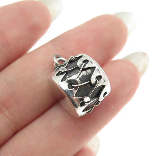 925 Sterling Silver Antique Art Deco Drum Minimalist 3D Charm Pendant