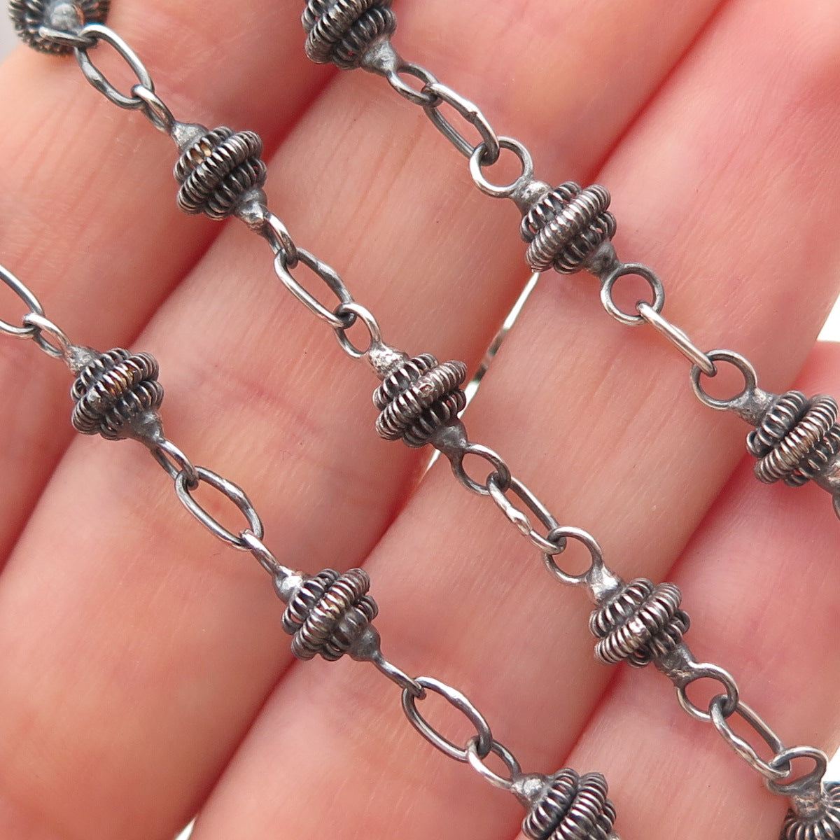 925 Sterling Silver Vintage Cannetille Beads Oxidized Chain Necklace 18"