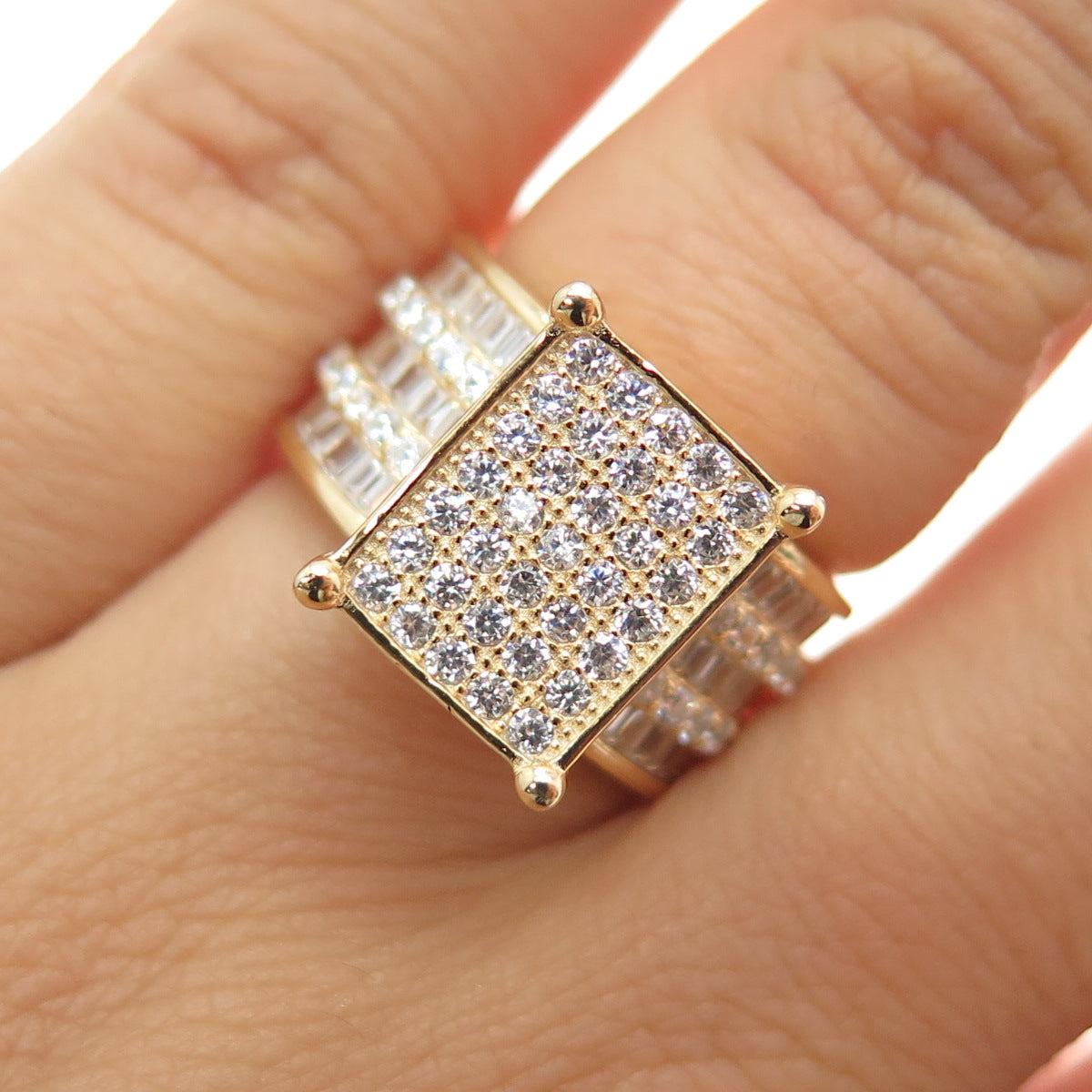 925 Sterling Silver Gold Plated Round & Emerald-Cut C Z Ring Size 6.25