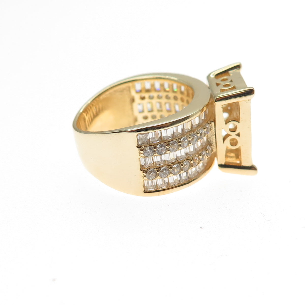925 Sterling Silver Gold Plated Round & Emerald-Cut C Z Ring Size 6.25