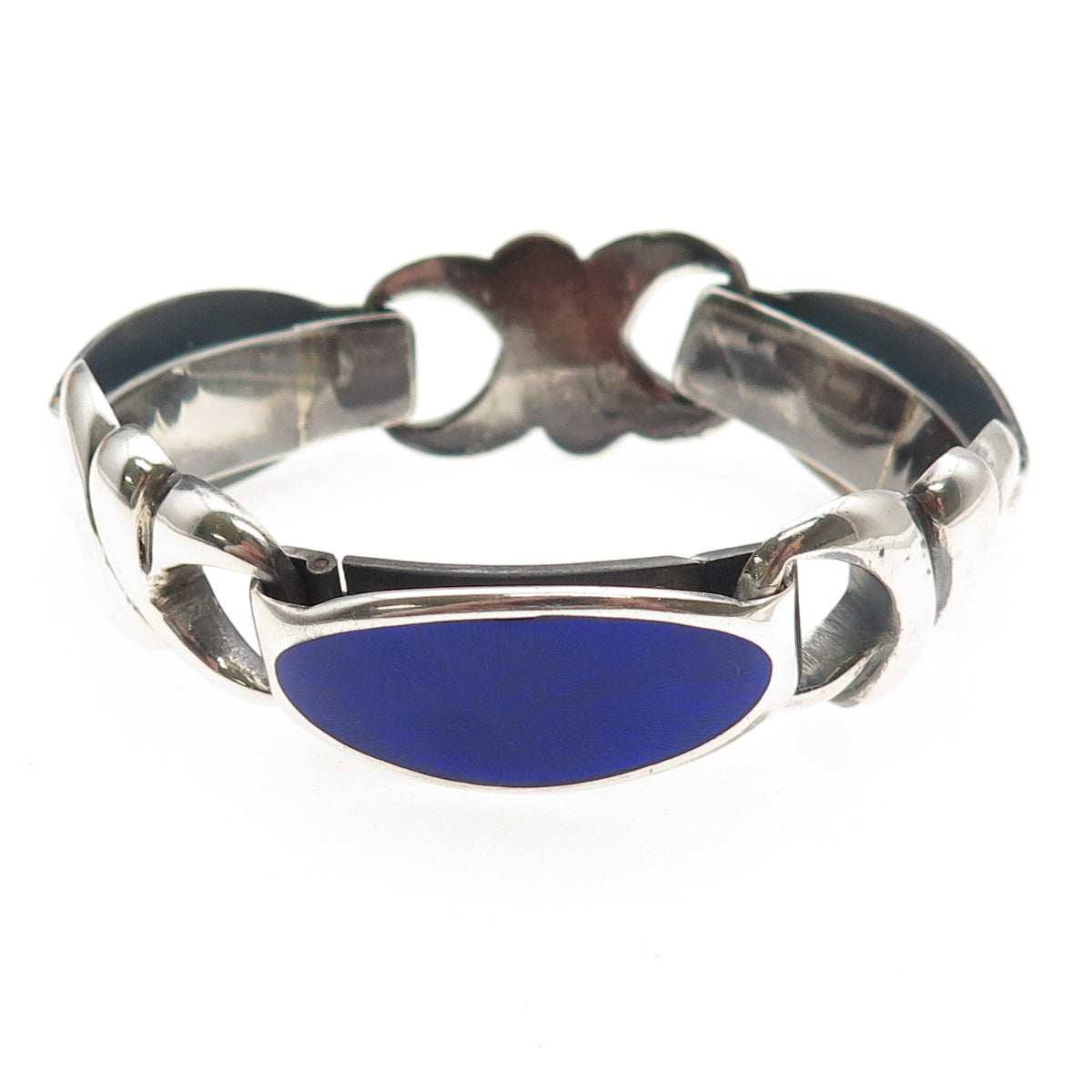 925 Sterling Silver Vintage Italy Enamel Oxidized Anchor Link Bracelet 7.25"