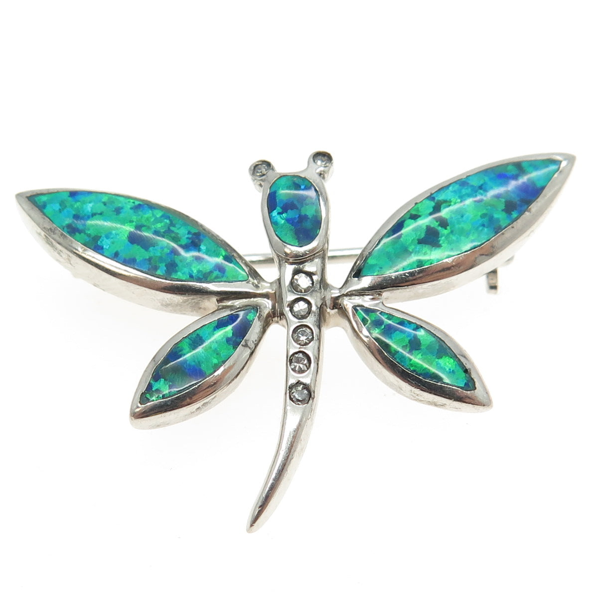 925 Sterling Silver Real Opal Gem Inlay & C Z Dragonfly Pin Brooch