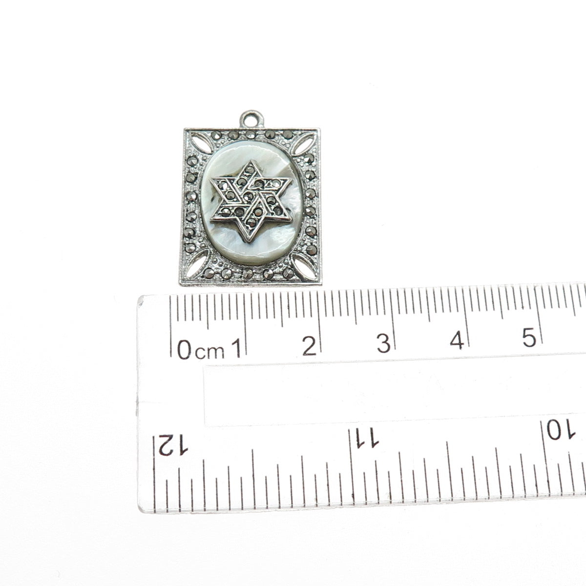 925 Sterling Antique Real MOP Marcasite Star of David Pendant (missing 3 stones)