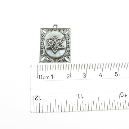 925 Sterling Antique Real MOP Marcasite Star of David Pendant (missing 3 stones)