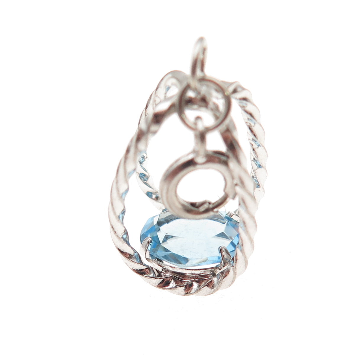 925 Sterling Silver Vintage Blue Rhinestone Cage Spring Ring Lock Charm Pendant