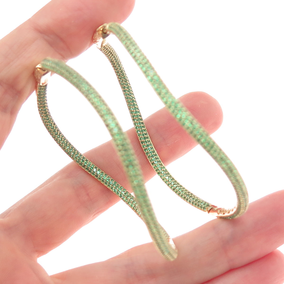 KLEO 925 Sterling Silver Gold Plated Green C Z In & Out Wavy Large Hoop Earrings