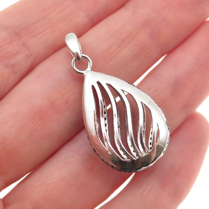 925 Sterling Silver Real Round-Cut Black Spinel & C Z Teardrop Charm Pendant
