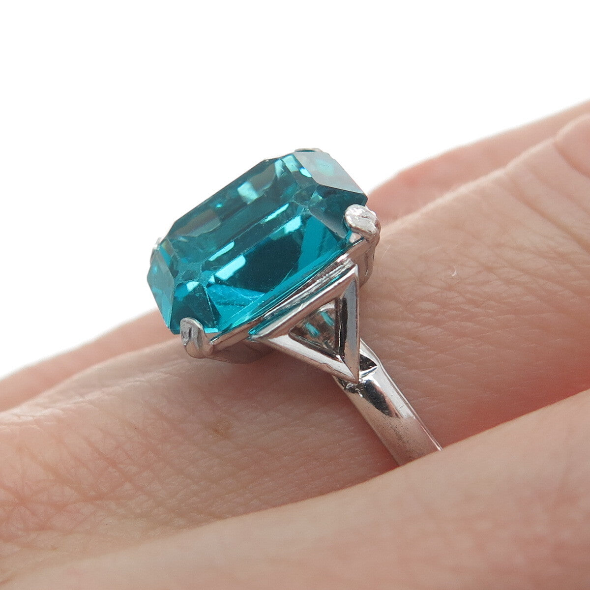 925 Sterling Silver Antique Art Deco Emerald-Cut Blue Glass Ring Size 7