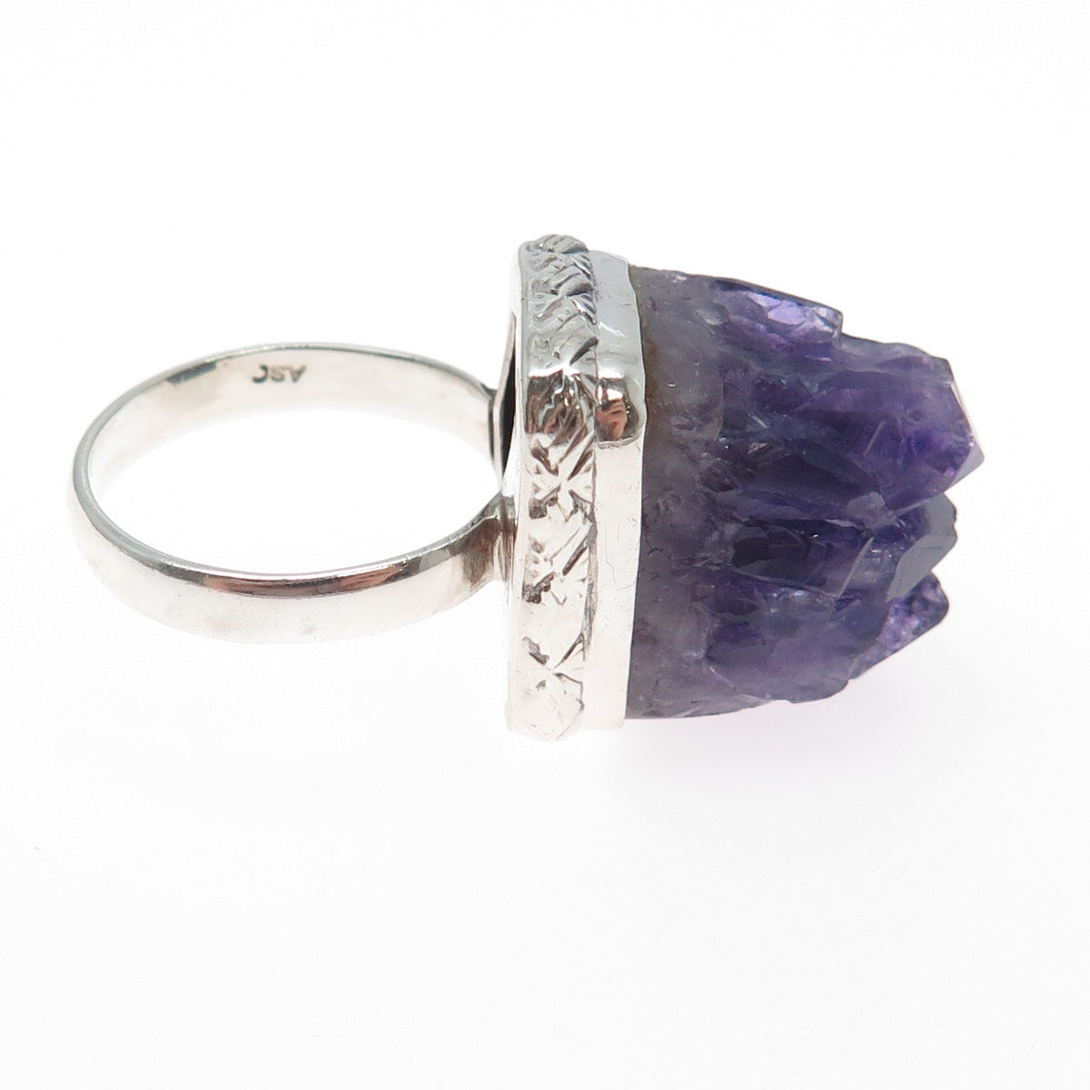 925 Sterling Silver Vintage ASC Real Amethyst Modernist Statement Ring Size 8.25