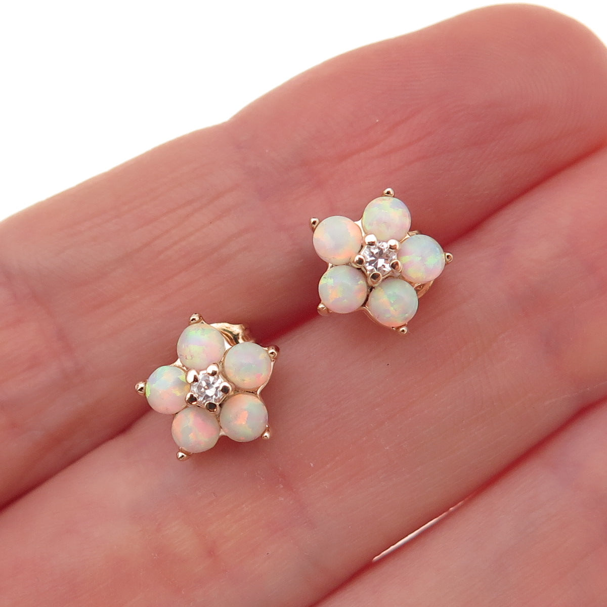 Ross Simons 925 Sterling Silver Gold Plated Real Opal & C Z Floral Stud Earrings