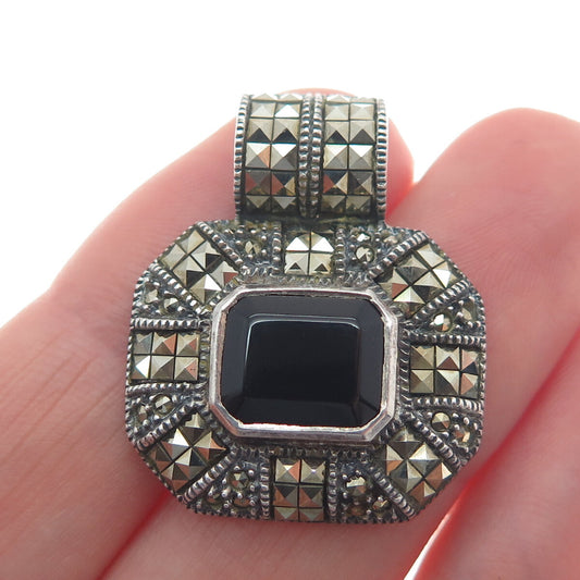JUDITH JACK 925 Sterling Silver Vintage Black Onyx & Marcasite Gem Slide Pendant