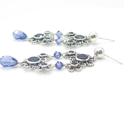 925 Sterling Silver Vintage Real Iolite & Crystal Floral Dangling Earrings