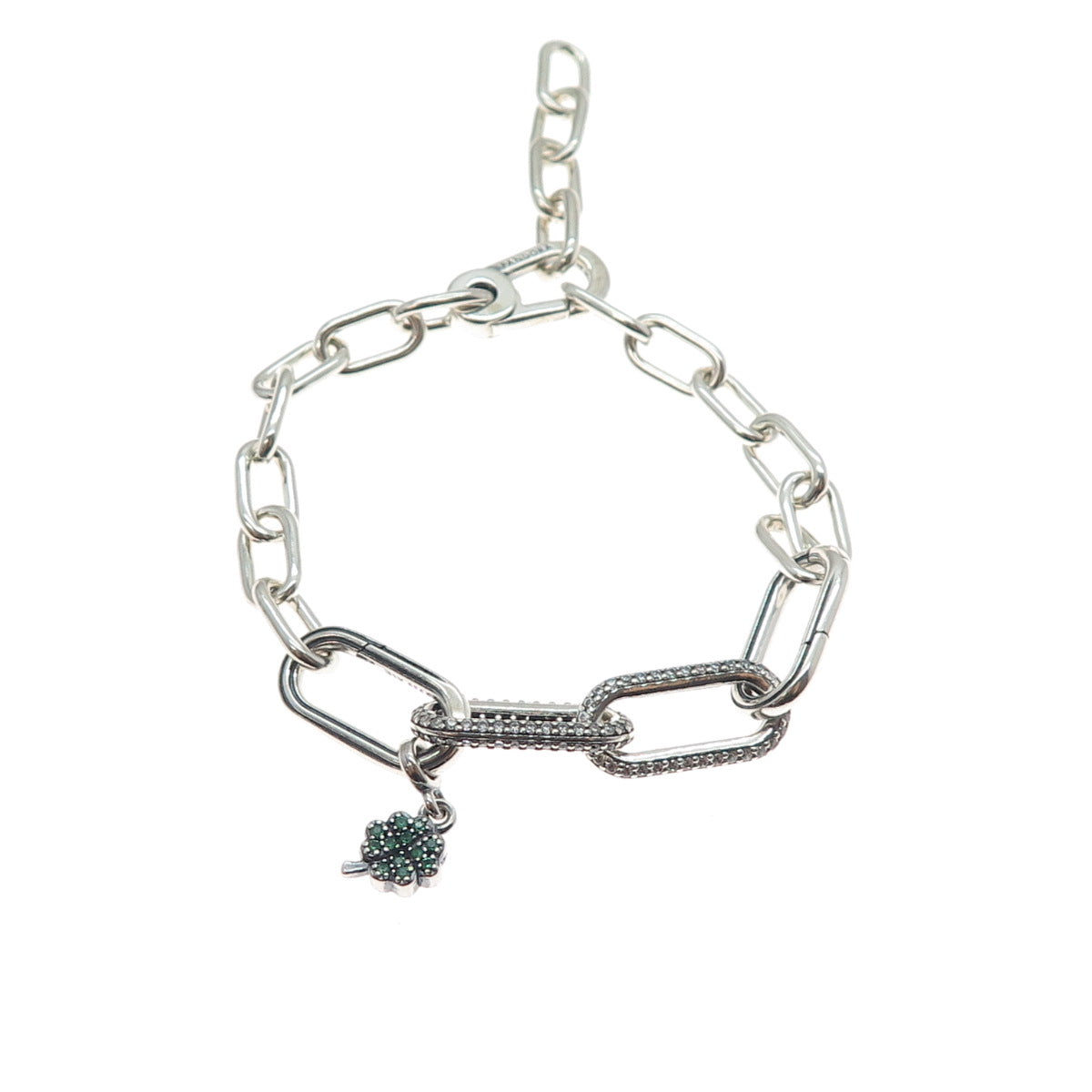 PANDORA 925 Sterling Silver White & Green C Z Clover Bracelet w/ Extension 6-7"