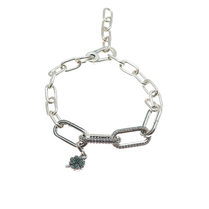 PANDORA 925 Sterling Silver White & Green C Z Clover Bracelet w/ Extension 6-7"